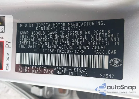 2013 Toyota Camry Se from USA, damaged, VIN 4T1BF1FK2DU244765
